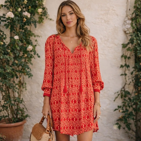 Free People Dresses & Skirts - Free People Red Marlow Pintuck‎ Tassel Mini Dress Size Large
